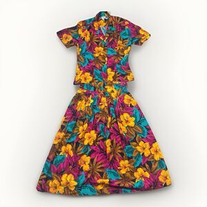 Vintage SK Company Tropical Floral Top & Skirt Set Bright Hawaiian Resort Wear